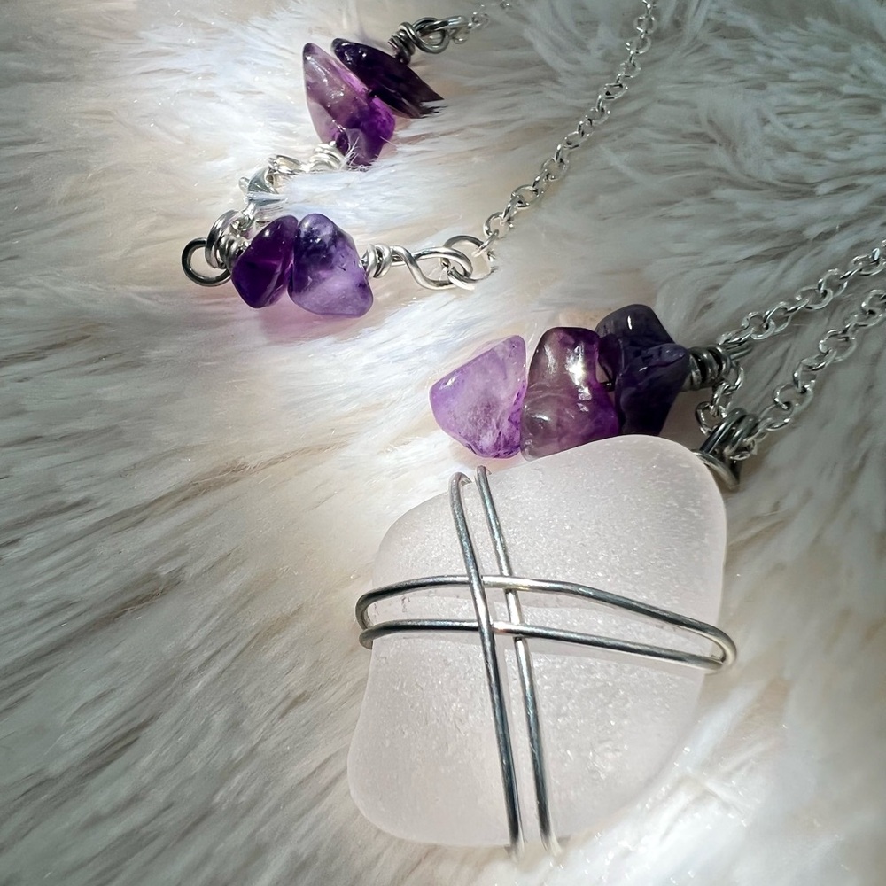 Seaglass + Amethyst Crystal Clasp Handmade Necklace